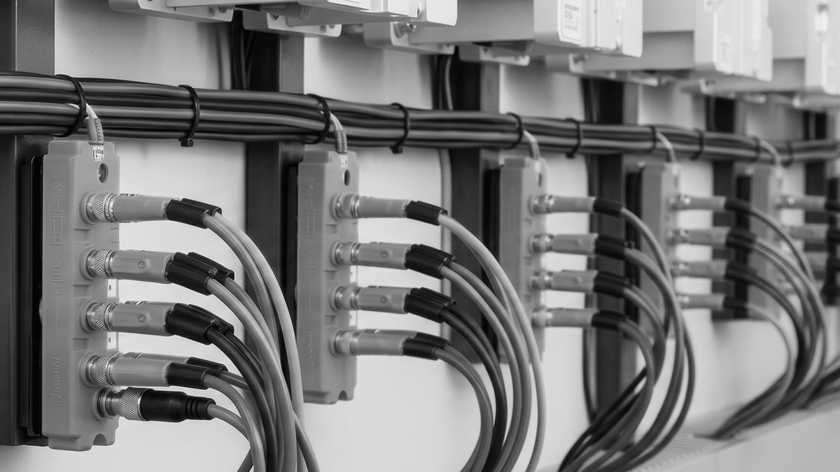 Compact industrial equipment with closely spaced M12 ports and limited installation clearance
