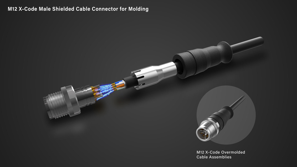 An M12 connector with a cable attached to it, demonstrating the connection between the two components.